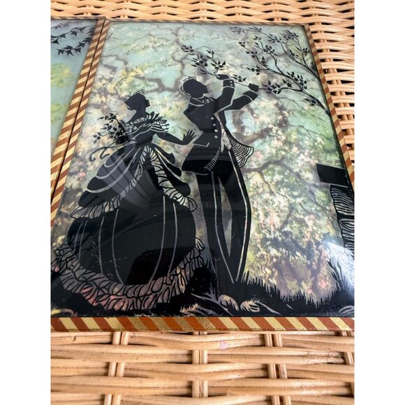 Vintage 40's Pair Reverse Painted Silhouette Pictures Convex Trees Convex Glass - Picture 11 of 11
